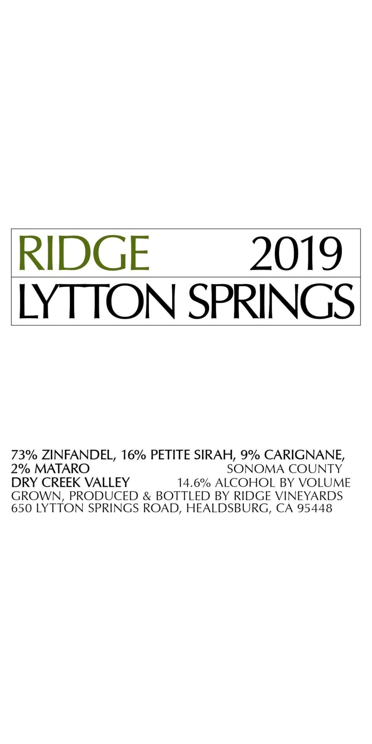 Ridge Vineyards, Lytton Springs, Dry Creek Valley, 2019, Double Magnum 3000ml